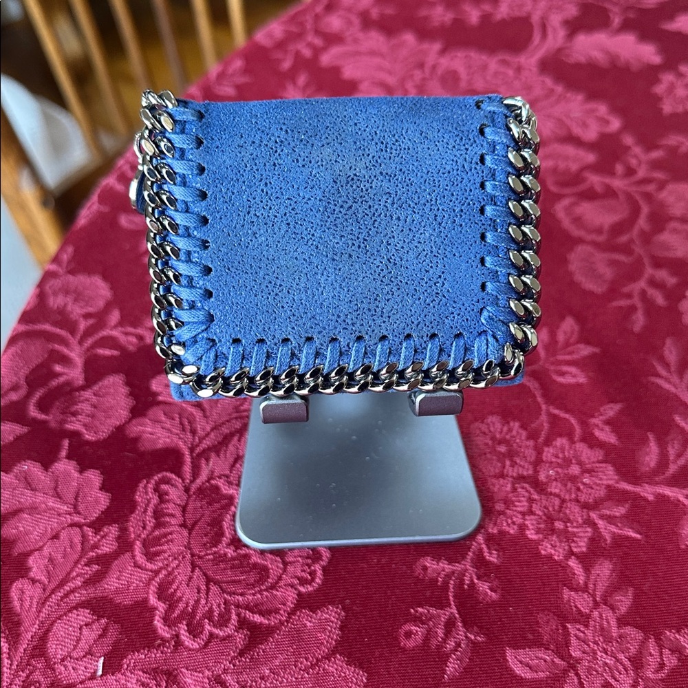 Stella McCartney Blue Vegan Suede Compact Wallet w/ Silver Chain Trim